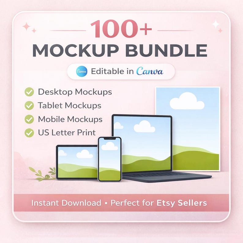 100+ Canva Device Mockup Bundle | Laptop Phone Tablet Mockups | Editable Canva Template