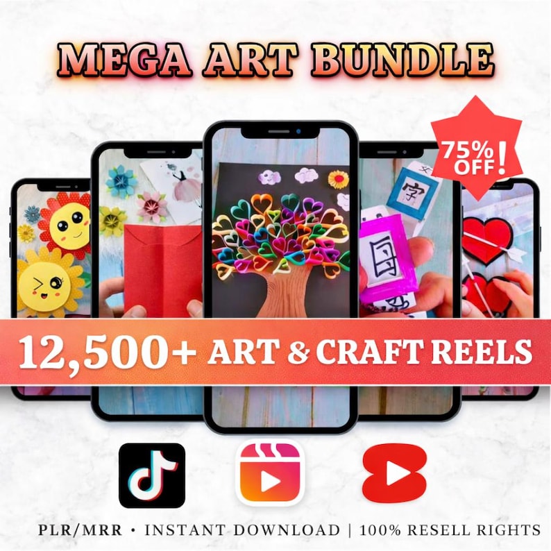 12,500+ Art & Craft Reels Bundle | DIY Tutorial Videos for Instagram TikTok YouTube | PLR MRR Included | Instant Download