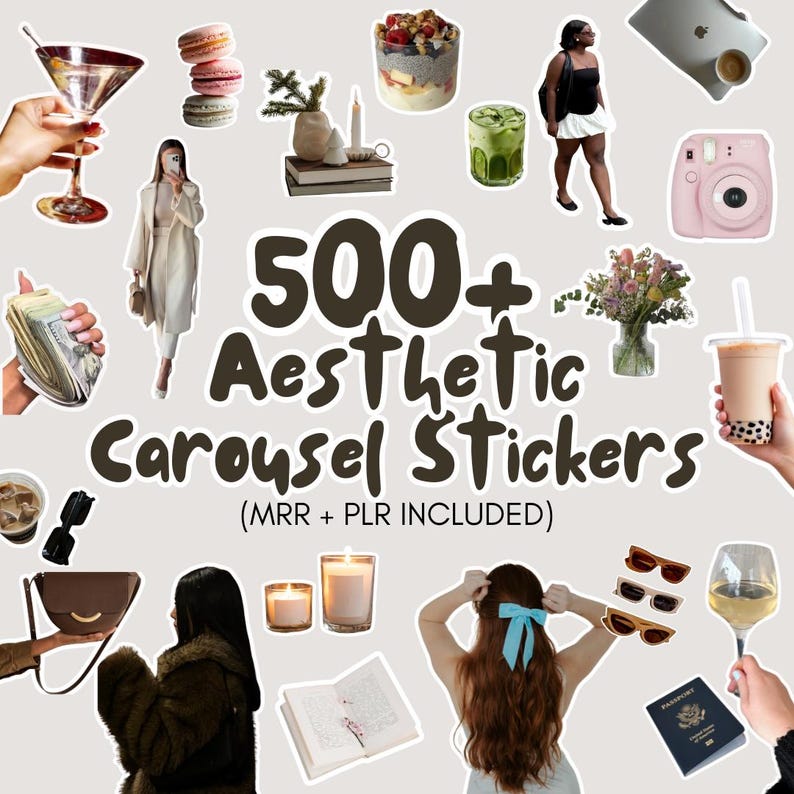 500+ Aesthetic Canva Stickers: Social Media Instagram Carousels, MRR PLR Digital Download, Sticker Sheet, Print At Home Canva Template