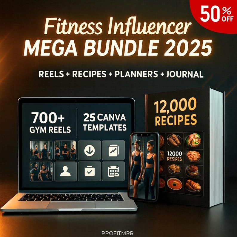 Fitness Influencer Mega Bundle 2025, 700+ Gym Reels, 12,000 Recipes, 25 Canva Templates, Plr products, Business Kit PLR MRR Digital Download