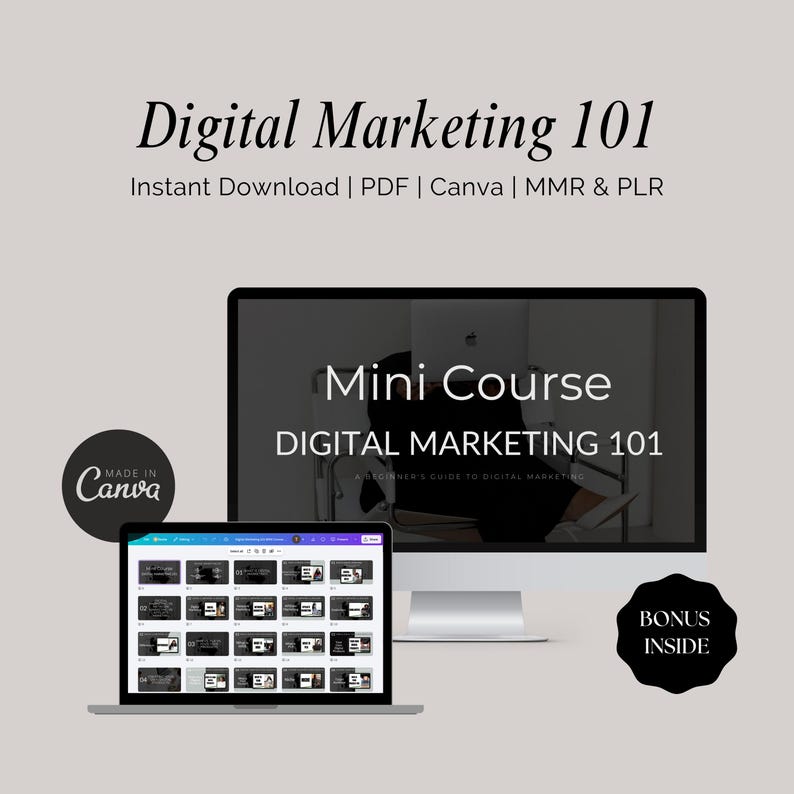 Digital Marketing 101 Mini Course | Canva Editable PLR MRR (PDF Download)