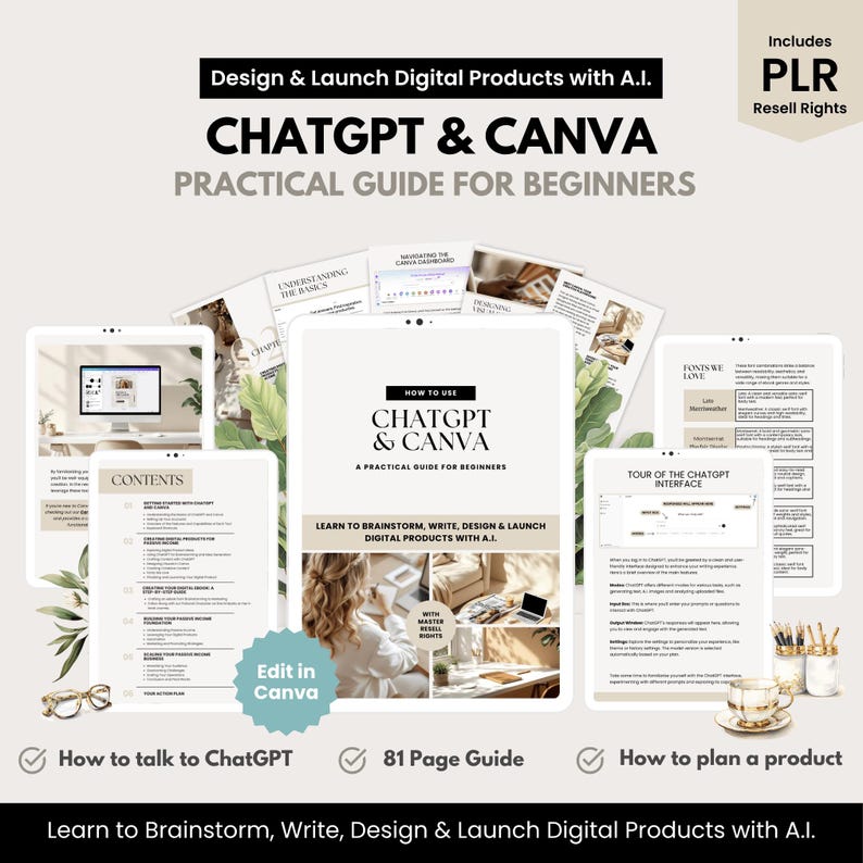 2025 Chat GPT & Canva Guide | Learn ChatGPT, Beige Aesthetic Canva eBook | PLR Digital Product | Canva Template Resell for profit, PDF