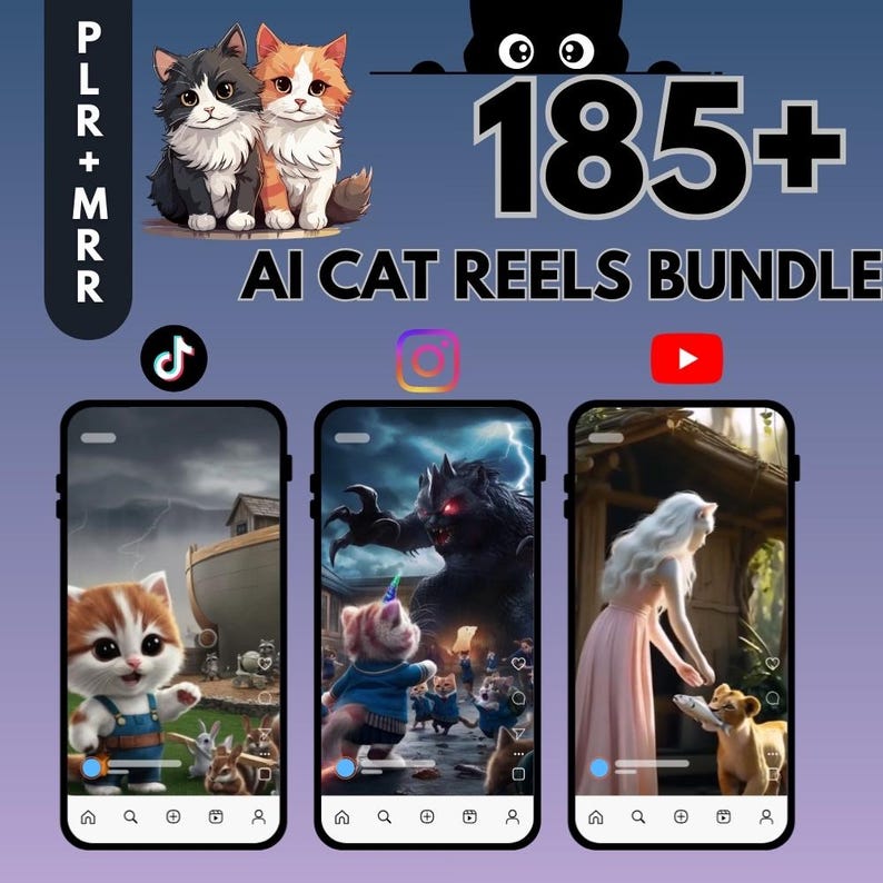 185+ AI Cat Reels Bundle, Viral Social Media Content (Digital Download, MRR, PLR)