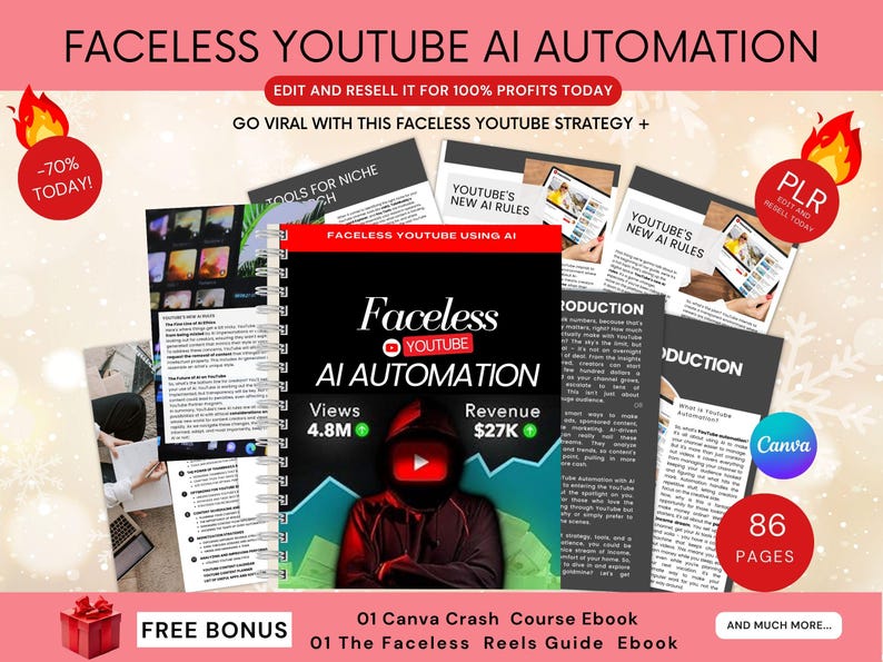 Faceless YouTube AI Automation Ebook:Canva Template, PLR & MRR