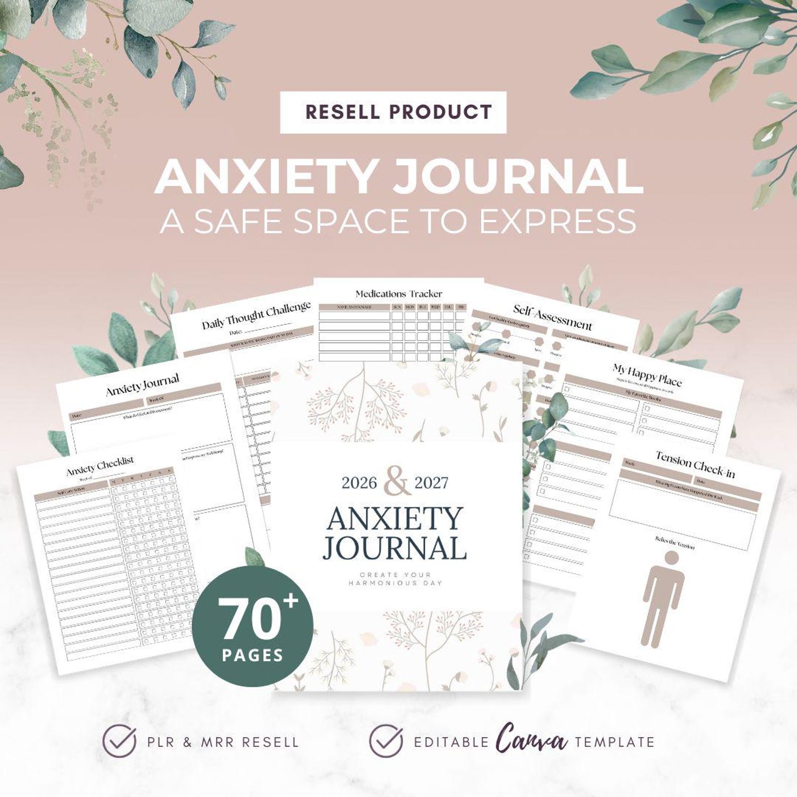 Anxiety Journal, MRR PLR Digital Planner, Editable Canva Templates, Master Resell Rights, Rebrand Resell, medication tracker, mood tracker