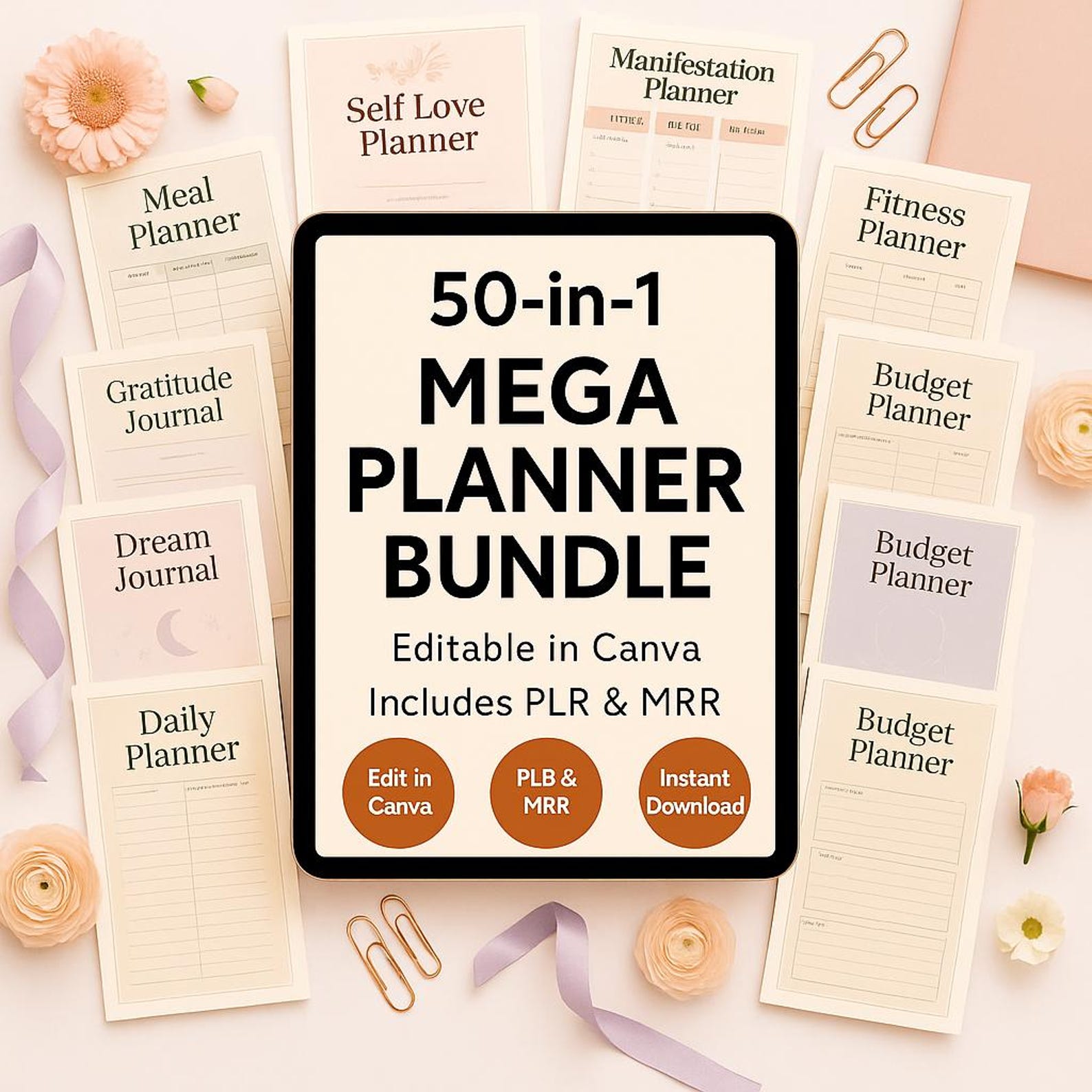 50 Editable Planner Templates: Canva Journals, Trackers, Calendars (PLR, MRR)