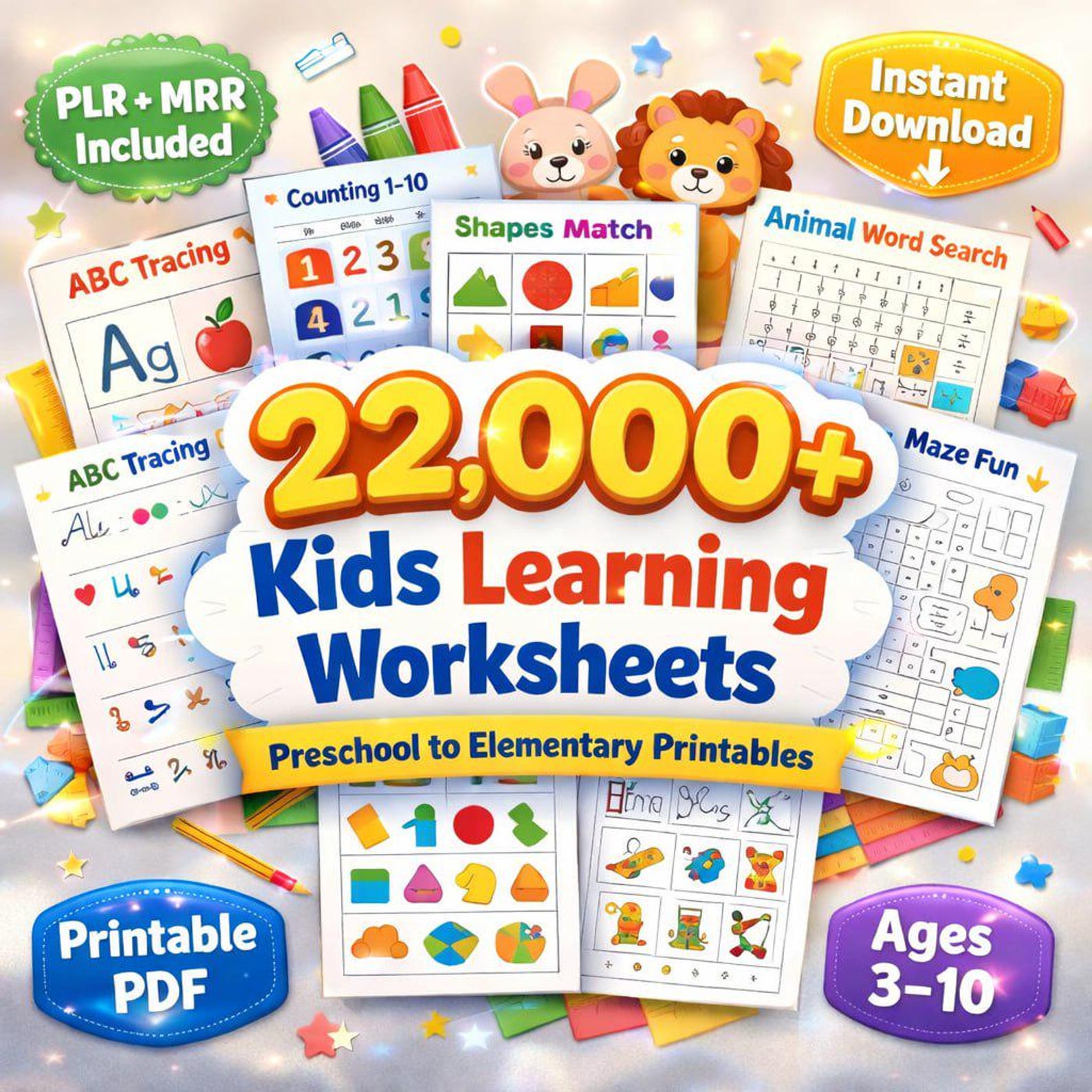 22,000+ Kids Worksheets Learning Vault PLR MRR Preschool to Elementary Printables