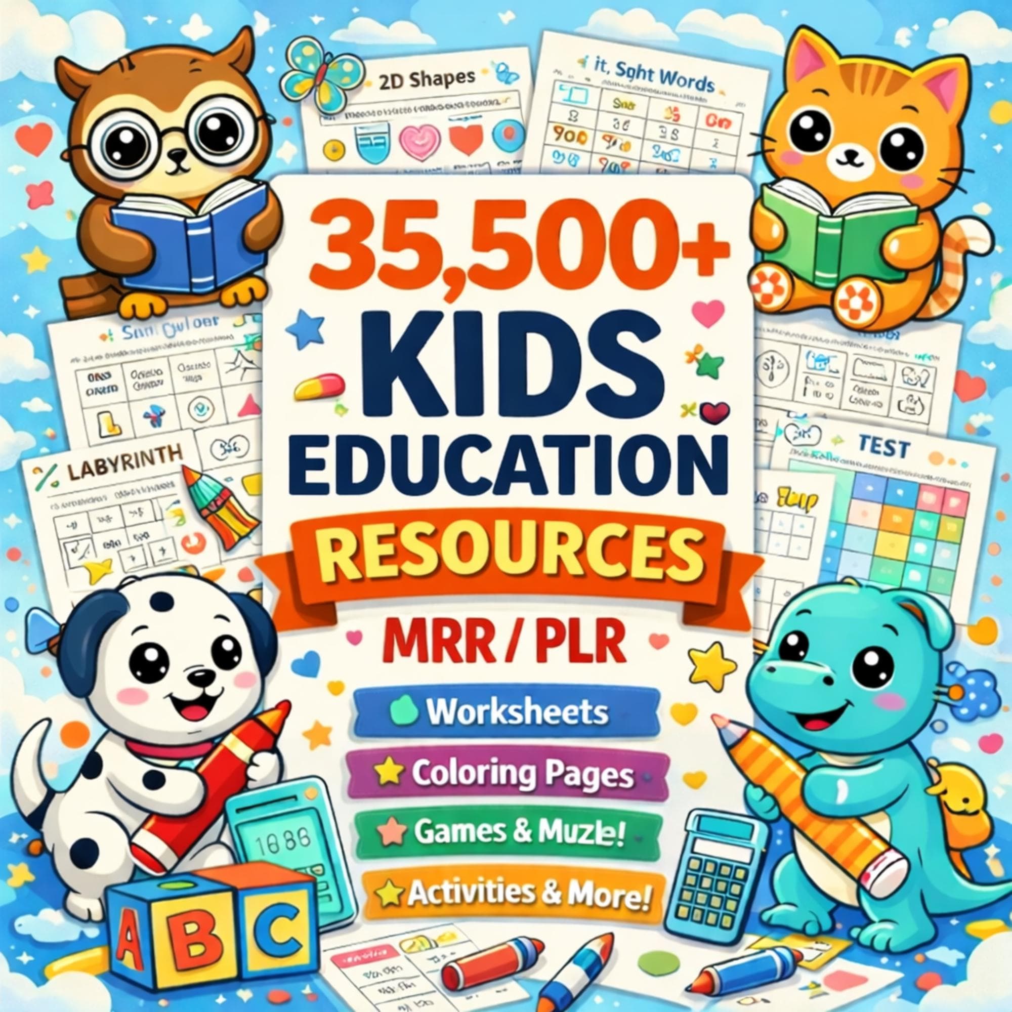35500 Educational Kids Resources Bundle PLR MRR resell right, Kids Learning Bundle printable pages, coloring book, worksheets, games, number